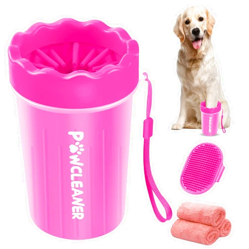 Comotech Dog Paw Cleaner, Pet Foot Washer - Quickly Clean a Muddy Paw, Soft Silicone Bristles, Suitable for Small, Medium, Large Breed Dogs, Pink (with 3 Absorbent Towel)