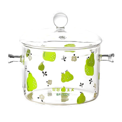 MFCCRAZY Glass Cooking Pot, Transparent Glass Saucepan, with Lid and Grip Stockpot, Heat-Resistant, Borosilicate Glass, Soup Pot Heat-Resistant for Kitchen Cooking,15 * 10.5 cm-pear||1.5L