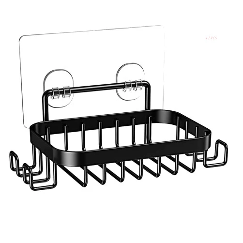Maitesite Soap Dish Holder for Shower Wall, 304 Stainless Steel Bar Soap Holder with Hooks for Bathroom, Spong Holder for Kitchen Sink-Powerful Adhesive Wall Mounted No Drilling. (Black-Rustproof)