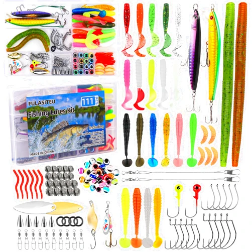 Fulasiteu 111PCS Fishing Lures Kit with Tackle Box for Bass Trout Salmon,Freshwater Bait Tackle Kit Included Crankbaits Spoon Hooks Weights and Other Fish Accessories,Men's Fishing Lure Gear Set Gifts