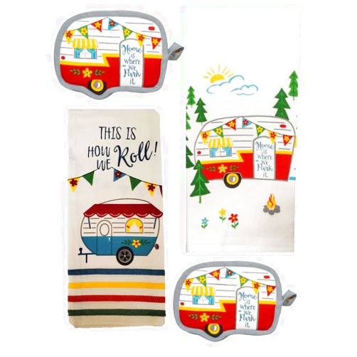 Donna's Home Emporium Happy Camper 4 Piece Kitchen Towel Bundle 2 Dish Towels and 2 Potholders, This is How We Roll