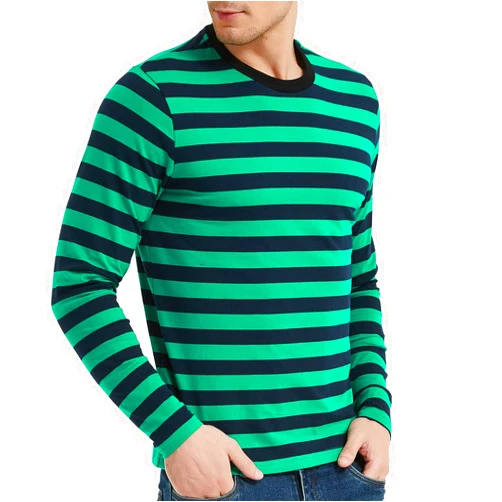 LEDING Men's T-Shirt Casual Cotton Spandex Striped Crewneck Long-Sleeve T-Shirts Basic Pullover Stripe Man tee Shirt (Green/Blue Long-Sleeve, X-Small)