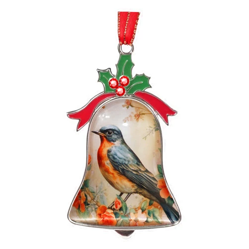 Gixpop Christmas Ornament Bell Pendant Decorative Metal Glass Hanging Christmas Bell Ornaments for Home Decoration Party Decor (American Robin on Floral)