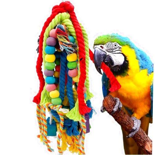 GILYGI 20.5 inch Parrot Chewing Toys - Parrot Cage Toys Wooden Block Tearing and Cotton Rope Toys for Small Medium and Large Parrot Conures Cockatiels African Grey Amazon and Macaw Parrots