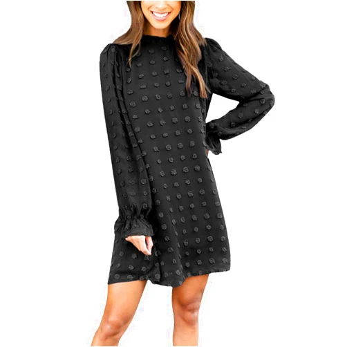 FAMITION Womens Dresses Long Sleeve: Swiss Dot Wedding Gust Fall Casual Flowy Chiffon Mini Dress for Women