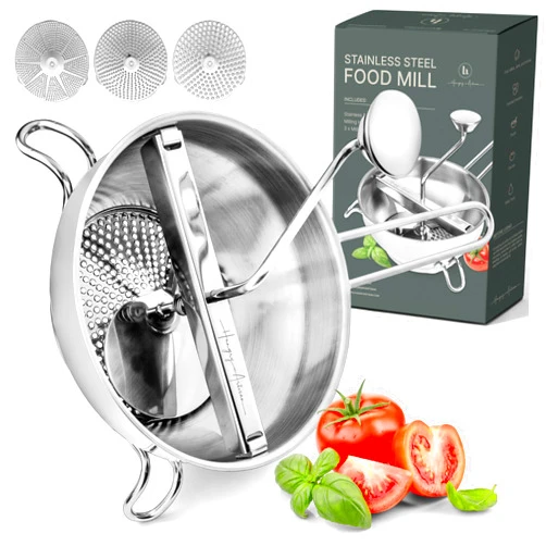 The Hungry Artisan Stainless Steel Food Mill with 3 Discs – Ergonomic Rotary Hand Crank for Tomato Sauce, Applesauce, Baby Food, Mashed Potatoes, Puree & Canning