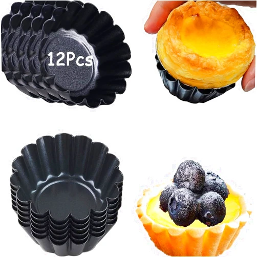 RICHSC-PAN Egg Tart Molds, 12 PCS Non-Stick Very Mini Tart Pans, Mini Tart Mold 3 InchTop, 1.7 Inch Bottom, 0.9Inch High, Carbon Steel, Kitchen Reusable Baking Tools.