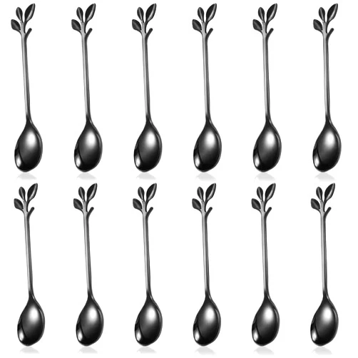IFERRENS IFeico Mini Coffee Spoons, Food Grade Stainless Steel Tea Spoons, 4.7 inch Black Leaf Dessert Spoons for Home, Kitchen Tableware, Demitasse Espresso Spoons, Dishwasher Safe, Set of 12