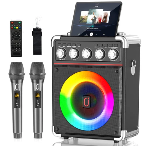 PPMIC Karaoke Machine for Adults Kids, Portable Outdoor Bluetooth Speaker with 2 Wireless UHF Microphones Supports PA System,Remote Control, DJ Light, TF Card/USB/AUX/, TWS, Bass/Treble for Party TX05