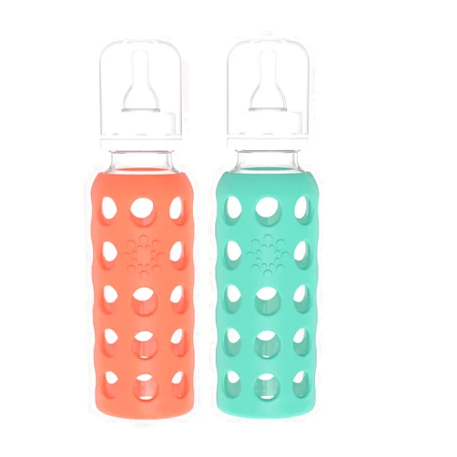 Lifefactory Glass Baby Bottles with Silicone Protection - 2-Pack, 9 oz Bottles,Papaya & Kale