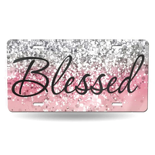 HANGWWZQ Christian Religious Blessed Pink Glitter Bling Blessed License Plate Cover Decorative Car Front License Plate Novelty Aluminum Car Plate Vanity Tag 6×12 Inch - 4 Holes