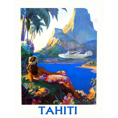 American Vinyl Vintage Art Tahiti Sticker (French Island Polynesia South Pacific Visit Travel Vinyl Decal for car or Laptop (3 x 4 inch)