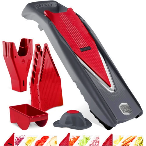 Börner Vital Mandoline Vegetable Slicer Starter Set (8 pcs.) • Fruit and Vegetable Cutter • V-slicer + Slice Insert + Safety Guard + Accessories • 8 Types of Cut • Kitchen Slicer (Black/Red)