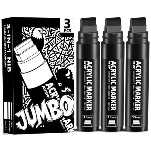 AYSIP 3 Jumbo Permanent Markers Black, 15mm Large Wide Tip, Thick Acrylic Paint Markers for Painting, Rock, Window, Glass, Wood, Fabric