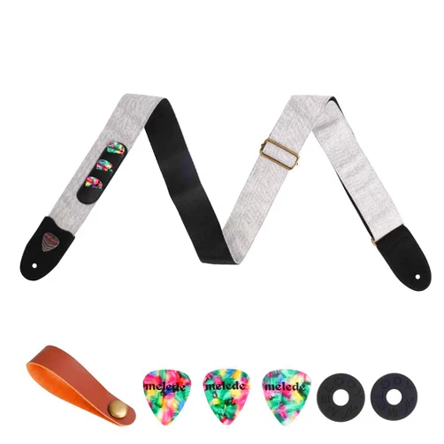 Melede Guitar Strap, Adjustable Gray Cotton Guitar Straps with Cowhide Leather End, for Bass and Electric Guitars, Acoustic Guitar Strap, Free Strap Button, 2 Guitar Strap Locks and 3 Guitar Picks
