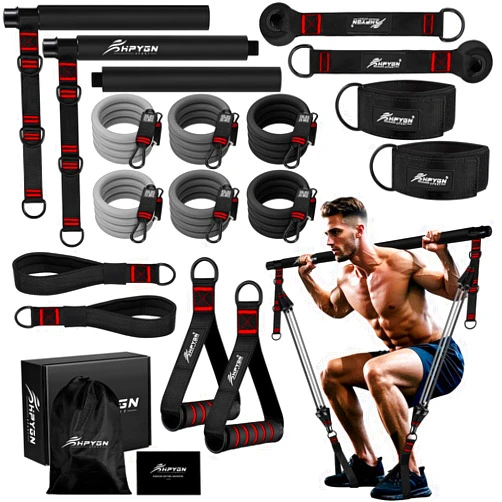 HPYGN Pilates Bar Kit with Resistance Bands, Heavy Duty Multifunctional Pilates Workout Equipment for Strength Training, HIP, Back, Arms, Ab, Shoulders, Portable Home Gym & Travel Fitness Gear for Men
