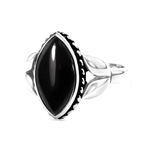 HQFJW Retro Sterling Silver Eye-Shape Multi-Cut Cubic Zirconia Ring,Vintage Natural Crystal Quartz Gemstone Solitaire Ring Jewelry Gift for Women (B02_Black Agate, 6)
