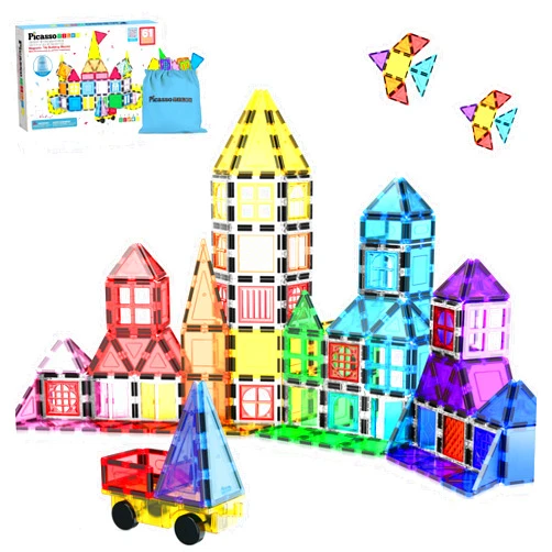 PicassoTiles Magnetic Tiles 61pc Magnet Tile Building Blocks Construction Sensory Toy Set with Storage Carry Case Drawstring Bag STEM Kids Learning Educational Pretend Play Boy Girl Ages 3+ & Up PT05