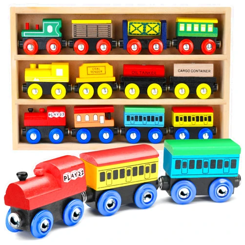 Play22 Wooden Train Set 12 PCS - Train Toys Magnetic Set Includes 3 Engines - Toy Train Sets For Kids Toddler Boys And Girls - Compatible With All Major Brands - Original - By Play22