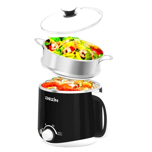 Dezin Hot Pot Electric with Steamer, Rapid Noodles Cooker, Stainless Steel Electric Pot 1.6 Liter, Perfect for Ramen, Egg, Dumpling, Soup, Oatmeal with Temperature Control and Keep Warm Function