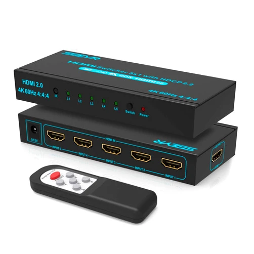 SGEYR 4K HDMI Switcher 5x1 with IR Remote, High-Speed 5 Port HDMI Selector Box 4K@60Hz Support HDR HDCP2.2 for PS5, Xbox, Roku, Fire Stick - Streamline Your Gaming Setup(Black)