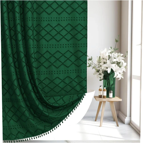 Siiluminisoy Dark Green Boho Shower Curtain Woven Fabric Cute Shower Curtain, 72 x 72 Tufted Chevron Textured Striped Modern Farmhouse Minimalist Cloth Shower Curtain for Bathroom