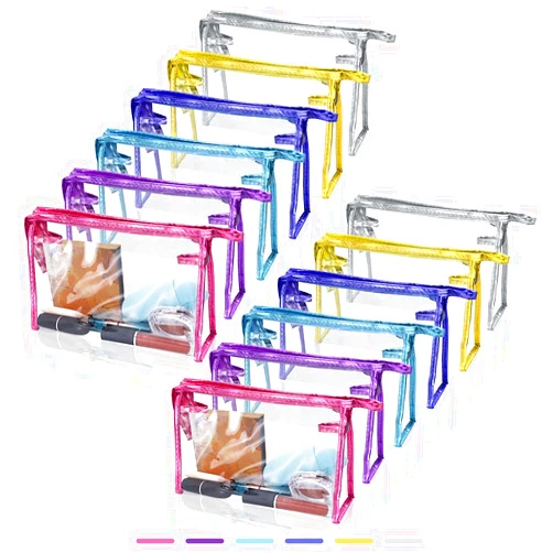 SITAKE 12 Pcs Portable Transparent Cosmetic Bags, Clear Waterproof Makeup Bags with Handle, PVC Travel Toiletry Bags Pouches, Clear Pencil Cases, Stationary Organizers(6 Colors)