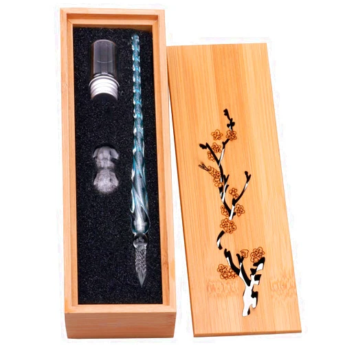 HSTYAIG Glass Dip Pen Set Vintage Handmade Glass Signature Pen Elegant Crystal Dip Pen Sign Gift Pen (Light Blue)
