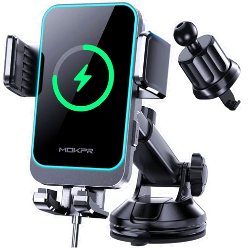 MOKPR Wireless Car Charger, MOKPR 15W Fast Charging Auto Clamping Dashboard Windshield Air Vent Car Phone Holder with LED Light Car Charger for iPhone 16 15/14/13/12 Pro Max Plus, Samsung S23/S22/S21,etc