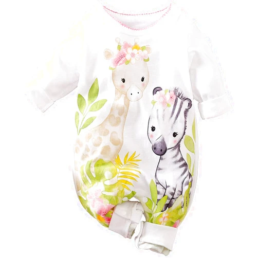 Aoswep Cute Giraffe + Zebra With Floral Print Long Sleeve Baby Girl Clothes White Jumpsuit baby girl bodysuit