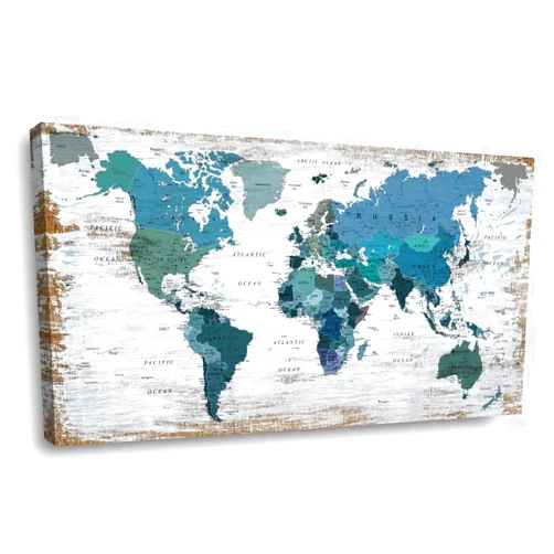 ZEYDRT Teal Decor World Map Canvas Wall Art Pictures for Living Room Wall Decoration Blue Wall Decor Office World Map Wall Art Map of the world Picture Framed Artwork Decor for Home Bedroom Decoration