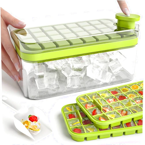FLAGPOWER Ice Cube Tray with Lid and Bin, Upgraded One Button Release Ice Cube Trays, Tiny Ice Cube Maker Molds for Freezer with Container, Crushed Ice Tray for Chilling Drinks Coffee Juice Wine