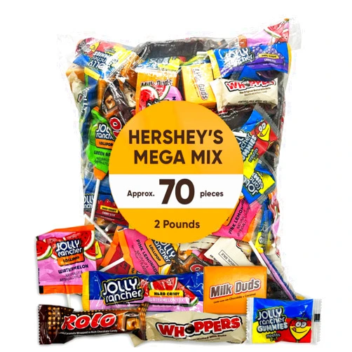 CHAIN & JO SWEETS Hershys Mega Mix 2LB Bulk Candy Assortment - Approx 70 Pieces Chocolate Candy, Jolly Ranchrs, Lollipops, Creamy Caramels, Milk Duds, Whoppers, Rolos - Individually Wrapped Candy Bulk Variety Pack