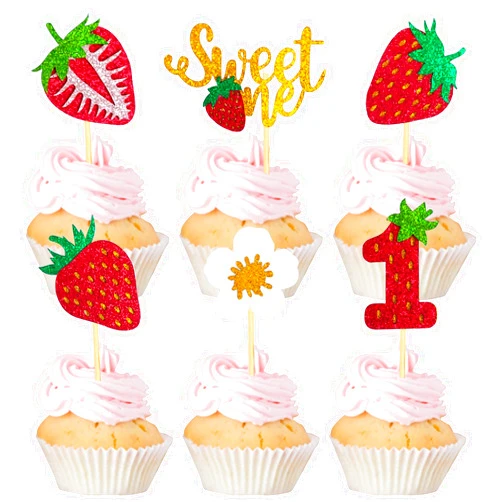Mulukaya 24Pcs Glitter Strawberry Sweet One Cupcake Toppers Treat Cake Picks for Fruit Theme Berry First Birthday Party Decorations Supplies