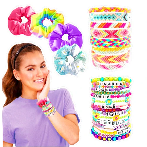 ACTIVITY KINGS 3-in-1 Customizable DIY Hair and Fashion Accessory Gift Set for Girls Ages 6+, Arts and Craft Pack Includes Bracelets, Beads, Scrunchies ILY