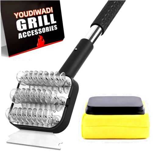 YOUDIWADI Grill Brush Bristle Free-Safe BBQ Grill Cleaner Brush，Steam Wizards BBQ Replaceable Cleaning Head+Stainless Grill Grate Cleaner Brush for Gas/Porcelain/Charbroil Grates