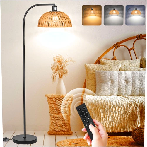 Brilvibera Rattan Floor Lamp- Boho Standing Lamp with Remote Control and Dimmable Bulb, Hand-Worked Adjustable Rattan Shades, Black Farmhouse Tall Lamp, Boho Arc Floor Lamps for Living Room, Bedroom, Office