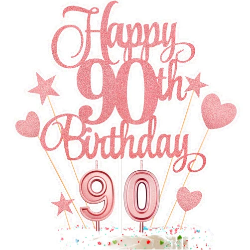 HOGRTi 90th Birthday Cake Decorations Set Include 90th Birthday Candles Numeral 90 Cake Candles and Happy 90th Birthday Cake Toppers with Heart Star Cupcake Picks for Birthday Party (Rose Gold Series)
