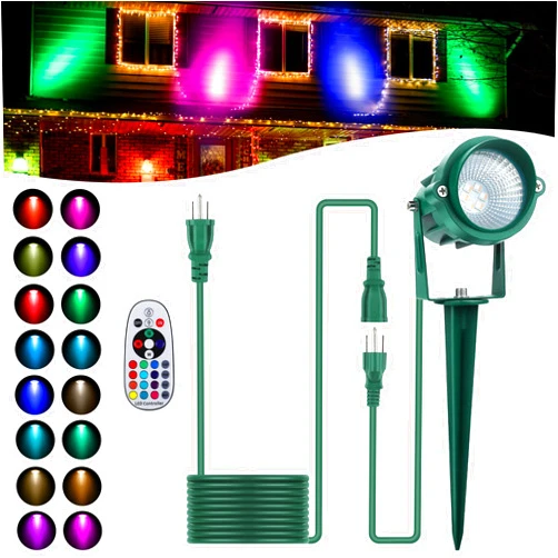 Fovths Christmas Spotlight Outdoor RGBW Landscape Lights 12W Spot Light with Remote Control 6-ft Cord, IP65 Waterproof 120V Lights 16 Color Changing for Xmas Yard Garden Lawn Decor
