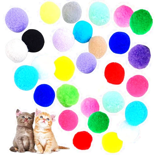 VOVIGGOL 30Pcs 1.3 Inch Cat Toy Balls Soft Kitten Pompom Toys Indoor Cats Interactive Playing Quiet Ball Cats Favorite Toy, Cat Pom Pom Balls for Craft DIY Creative Crafts Decorations (Assorted Color)