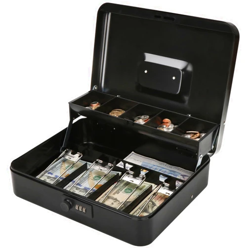 Jssmst Locking Large Metal Cash Box with Money Tray, Money Box with Combination Lock, Black