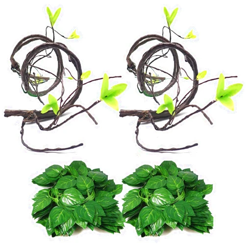 Hamiledyi 4Pcs Flexible Bend-A-Branch Jungle Vines Terrarium Leaves Lizard Gecko Habitat Tank Decor for Frogs, Snakes and More Reptiles