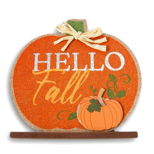 Autumn Decor Rustic Pumpkin Burlap Autumn ''Hello Fall'' Decor Stand Up Plaque Sign - 7'' x 7''