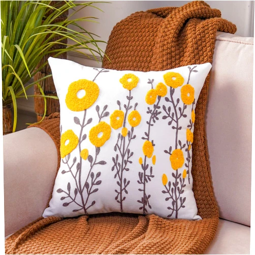 ARTMAGIC Yellow Flowers Cushion Cover Embroidery Decorative Throw Pillows Cover Farmhouse Square Pillow Case for Couch Sofa Bed Living Room Bedroom Home Decor (18x18 Inches, Yellow 01)