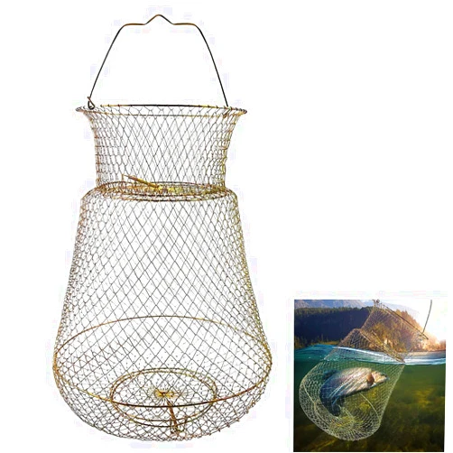 PSGGARY Steel Wire Fish Basket Galvanized, Collapsible Fish Crab Crawfish Basket, Metal Rustproof Fish Basket, Portable Fishing Basket Cage for Fish Outdoor
