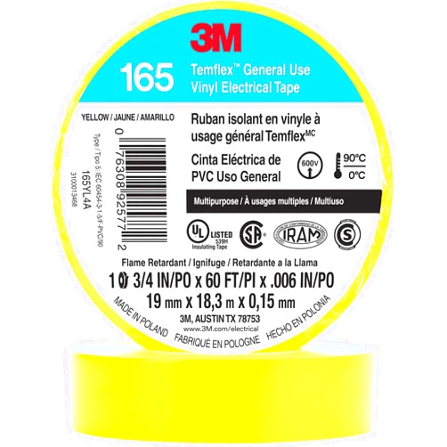 3M Temflex Multi-Purpose Vinyl Electrical Tape 165, Yellow, 3/4 in x 60 ft (19 mm x 18 m), 10 Roll Pack
