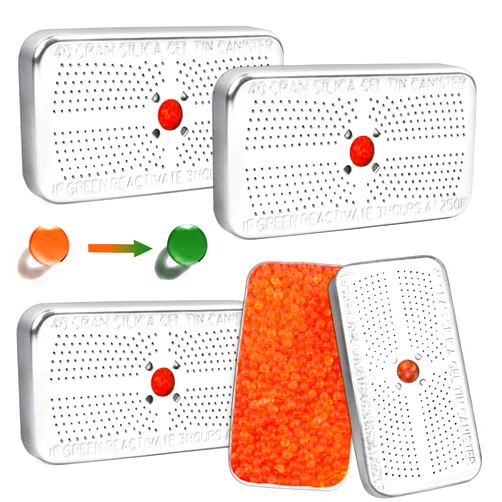 LotFancy 4 Packs 40Gram Indicating Silica Gel Desiccant Canister (Orange to Dark Green), Reusable Dehumidifier Desiccant, Moisture Absorbing, No Cobalt II Chloride