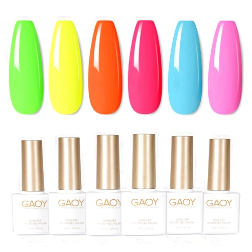 GAOY Neon Green Pink Gel Nail Polish Set, 6 Colors Glow in Dark Blue Orange Yellow Soak Off UV Light Cure Gel Polish Kit for Salon and Nail Art DIY at Home