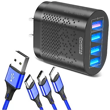 Generic 4USB Wall Charger + 3in1 USB Cabel for IP/Type C/Micro USB 33W Quick Charge 4-Port USB Plug Cube Fast Power Adapter for iPhone 14/13/12/11/Pro/ProMax/X/8, Galaxy S23 S22 S21 and More (Black)