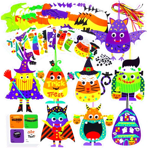 Winlyn 32 Sets Halloween Crafts Kits DIY Halloween Ornaments Decorations Art Sets Pumpkin Monster Jack-o'-Lantern Stickers Arts Crafts Supplies Kit Googly Eyes for Kids Party Home Classroom Activities